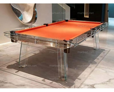 MESA DE BILLAR LUXURY GLASS1,  DE CRISTAL TEMPLADO ESTRUCTURA DE ACERO INOXIDABLE, 7FT ó 8FT